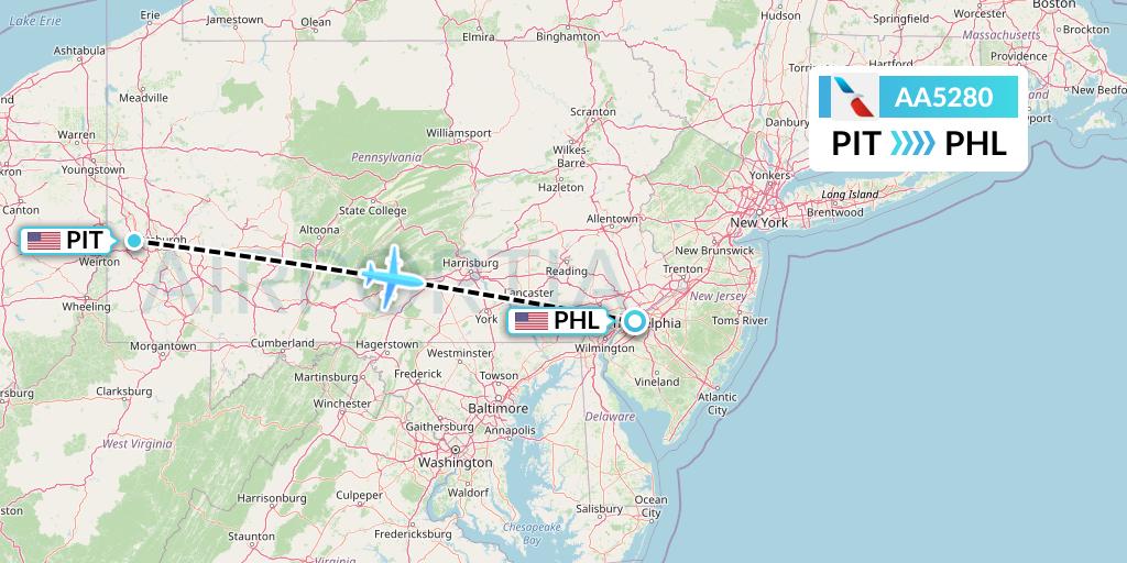AA5280 American Airlines Flight Map: Pittsburgh to Philadelphia
