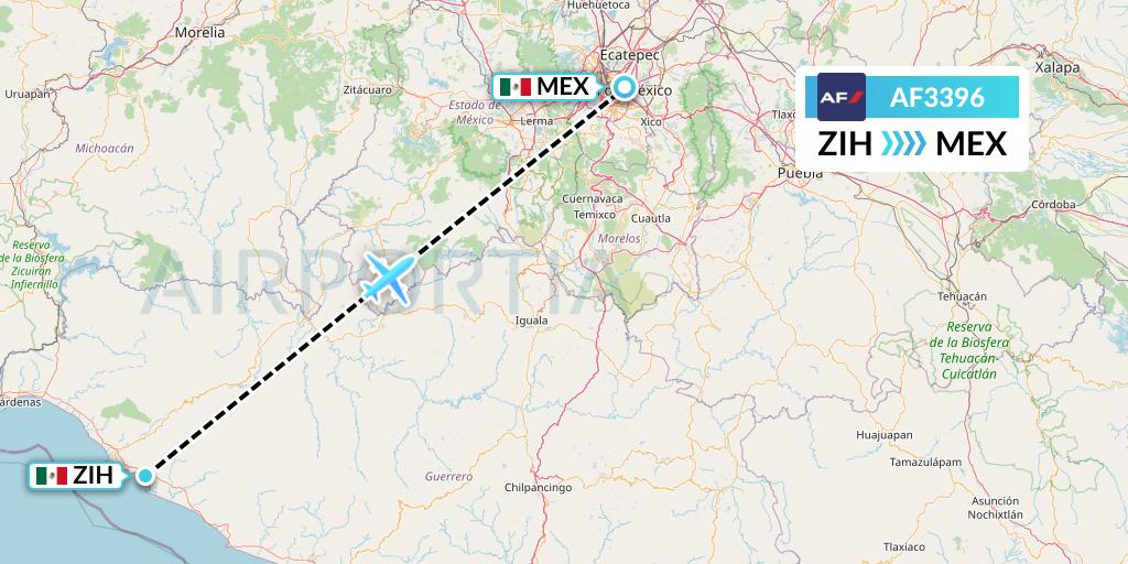 AF3396 Air France Flight Map: Zihuatanejo to Mexico City