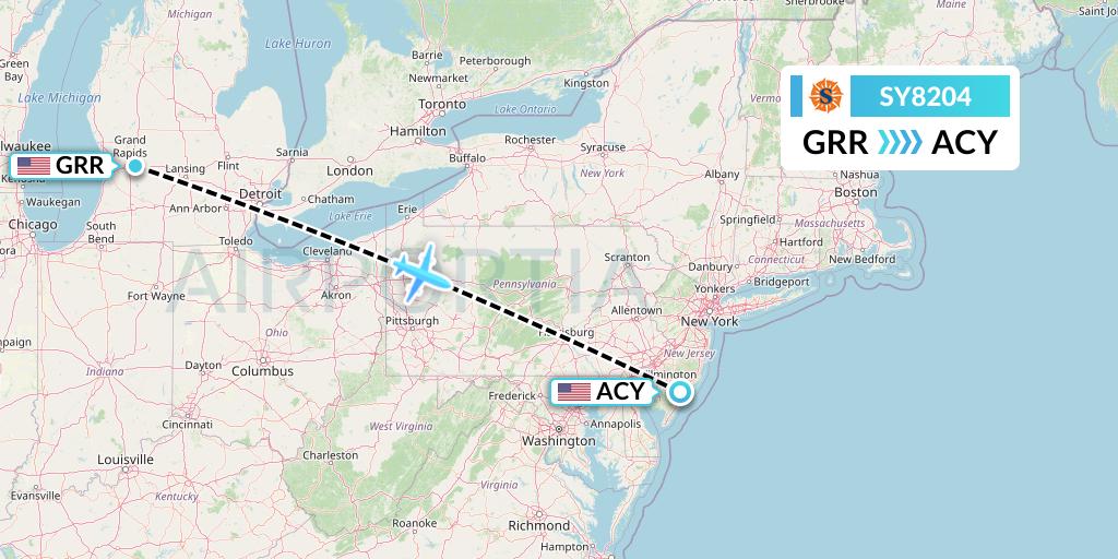 SY8204 Sun Country Airlines Flight Map: Grand Rapids to Atlantic City