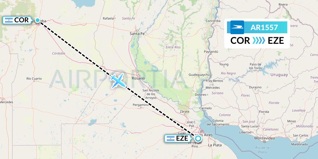 AR1557 Aerolineas Argentinas Flight Map: Cordoba to Buenos Aires