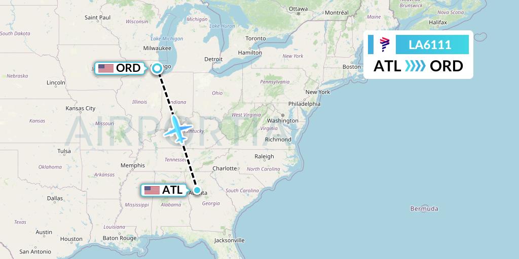 LA6111 LAN Airlines Flight Map: Atlanta to Chicago