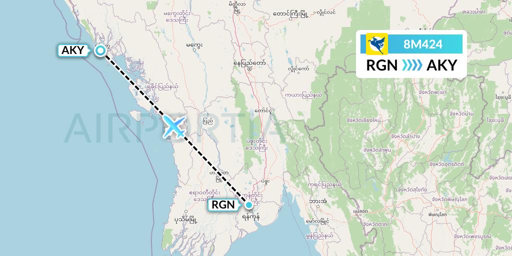 8M424 Myanmar Airways International Flight Map: Yangon to Sittwe