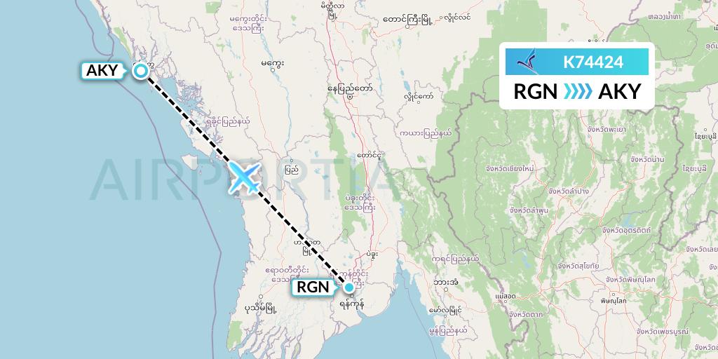 K74424 Air KBZ Flight Map: Yangon to Sittwe