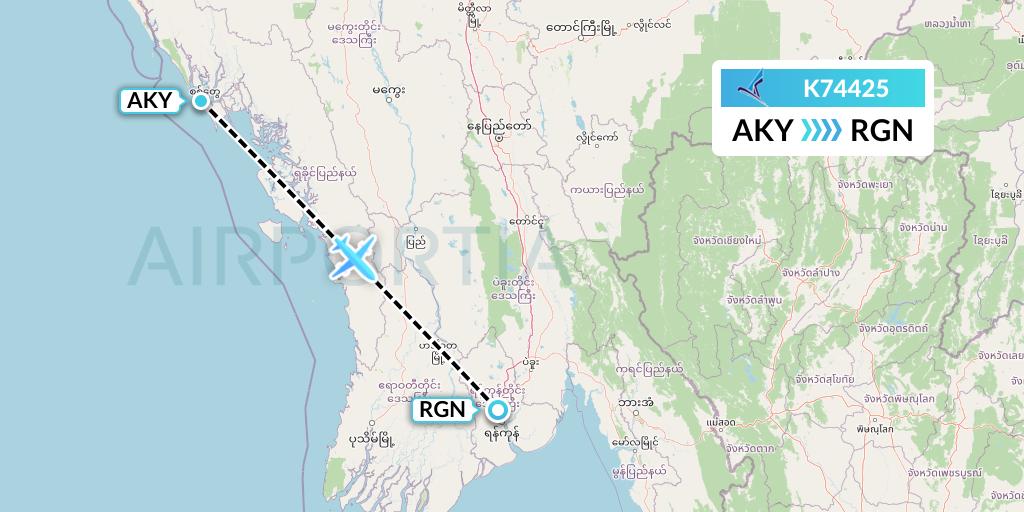 K74425 Air KBZ Flight Map: Sittwe to Yangon