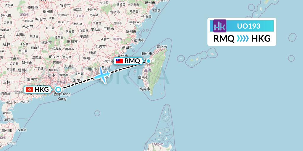 UO193 Hong Kong Express Flight Map: Taichung to Hong Kong
