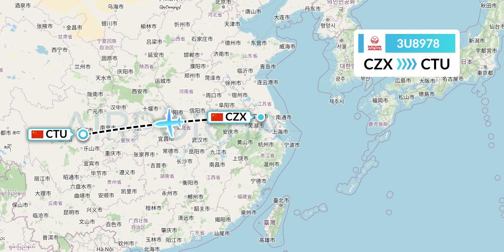 3U8978 Sichuan Airlines Flight Map: Changzhou to Chengdu