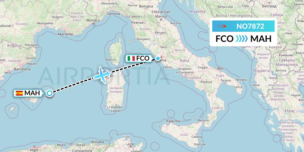 NO7872 Neos Flight Map: Rome to Mahon