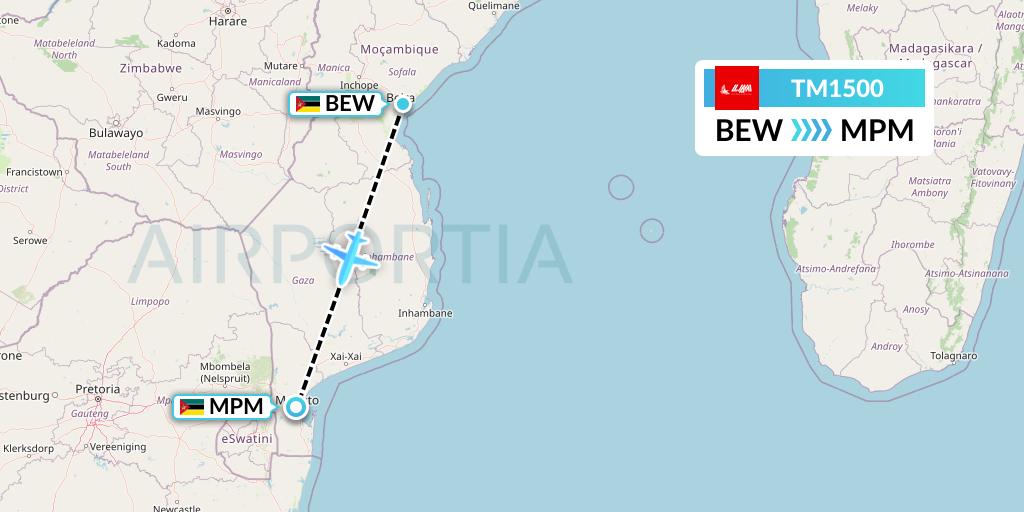 TM1500 LAM Mozambique Airlines Flight Map: Beira to Maputo
