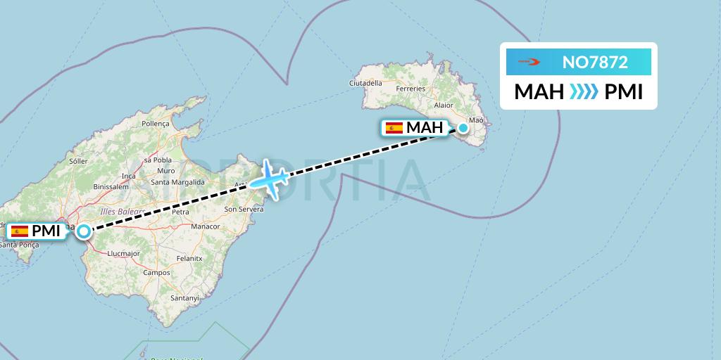 NO7872 Neos Flight Map: Mahon to Palma de Mallorca
