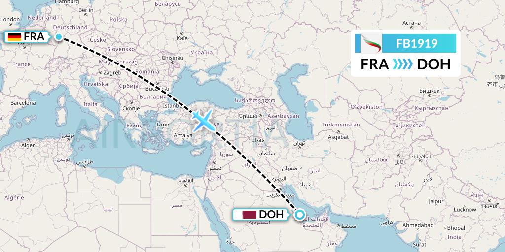FB1919 Bulgaria Air Flight Map: Frankfurt to Doha