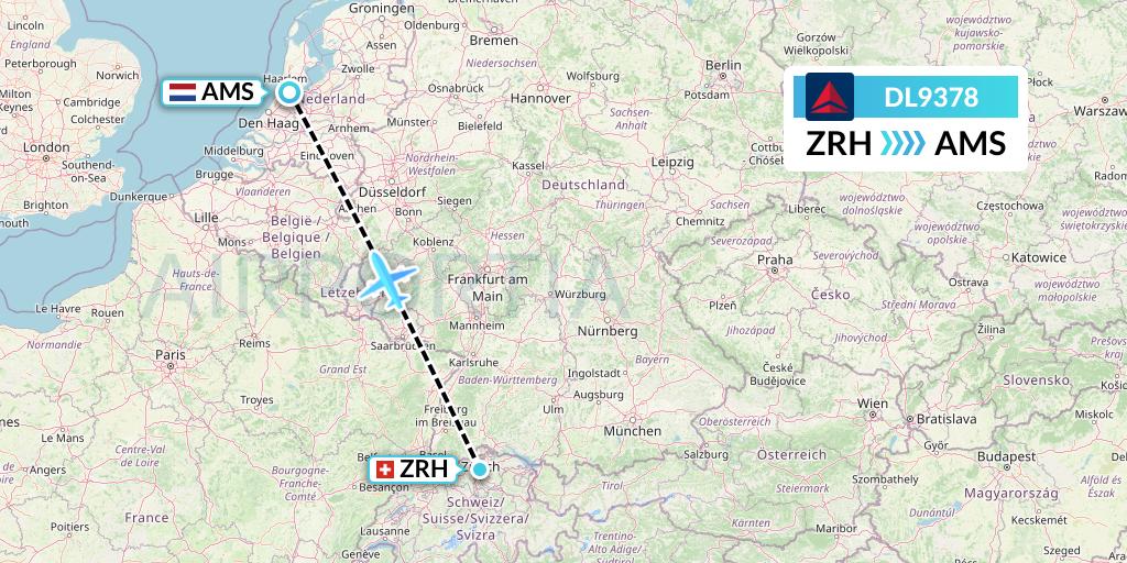 DL9378 Delta Air Lines Flight Map: Zurich to Amsterdam