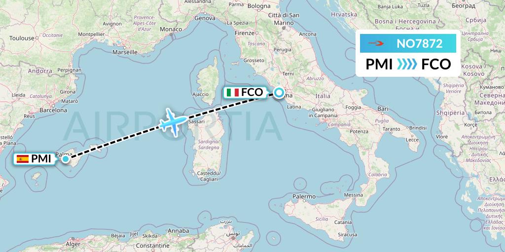 NO7872 Neos Flight Map: Palma de Mallorca to Rome