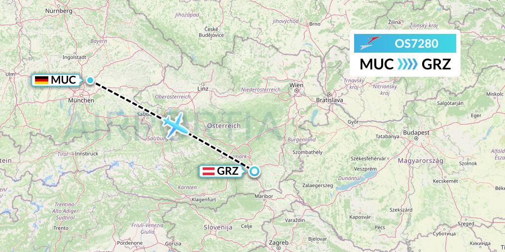 OS7280 Austrian Airlines Flight Map: Munich to Graz