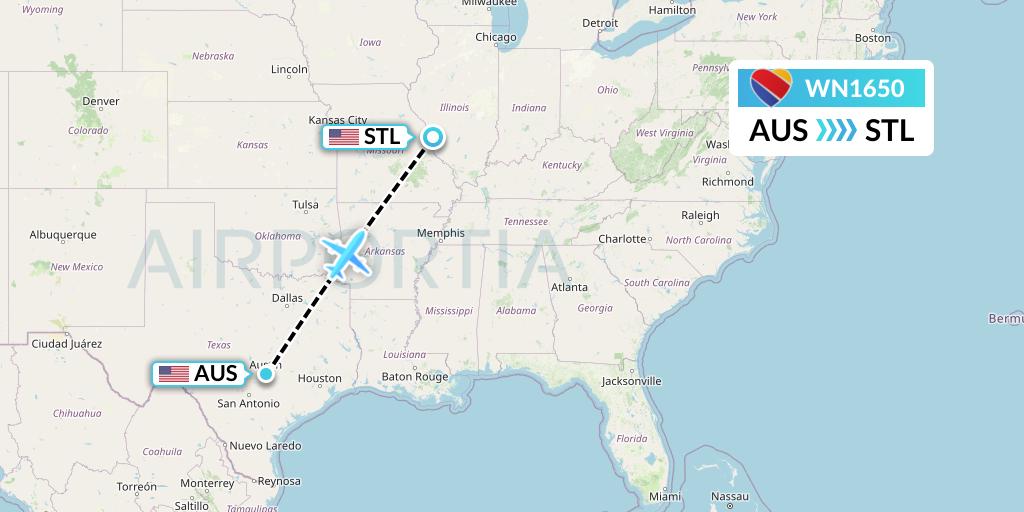 WN1650 Southwest Airlines Flight Map: Austin to St. Louis
