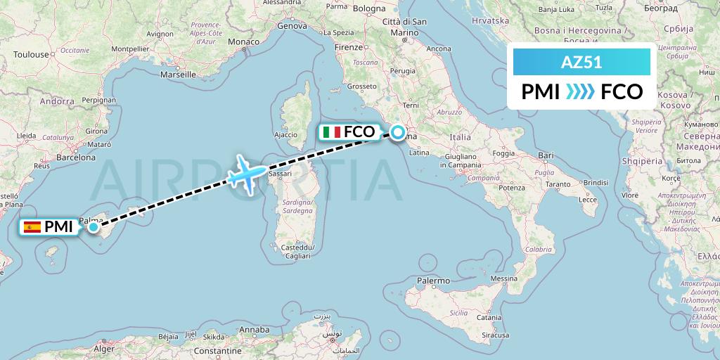 AZ51 ITA Airways Flight Map: Palma de Mallorca to Rome