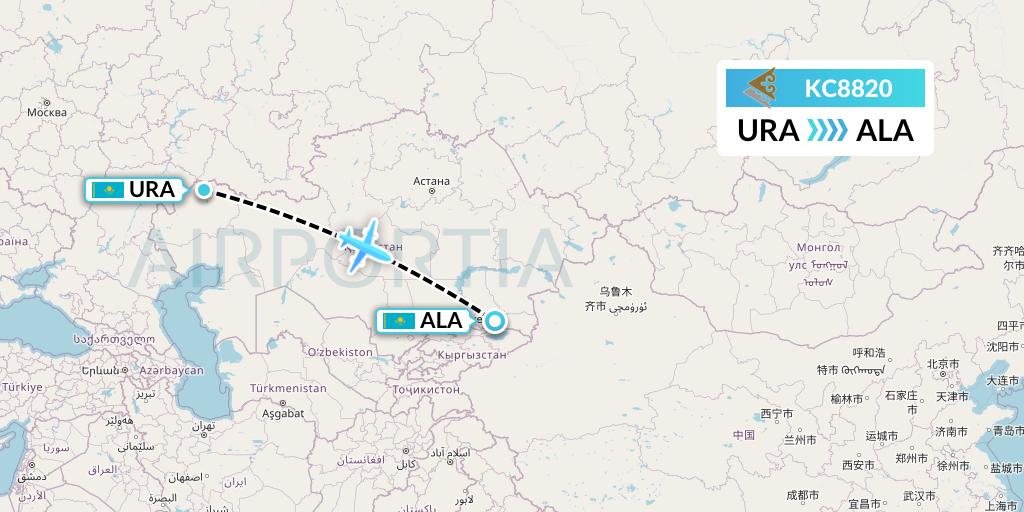 KC8820 Air Astana Flight Map: Oral to Almaty