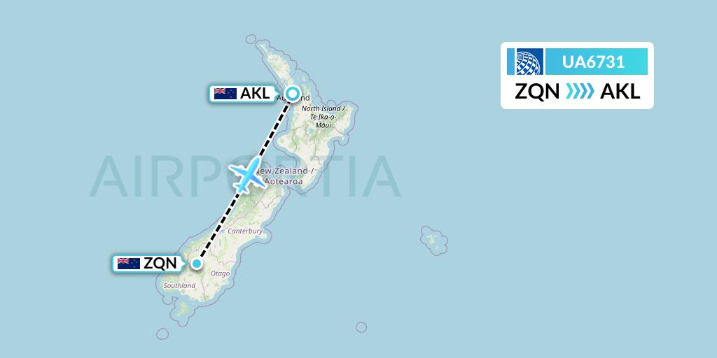 UA6731 United Airlines Flight Map: Queenstown to Auckland