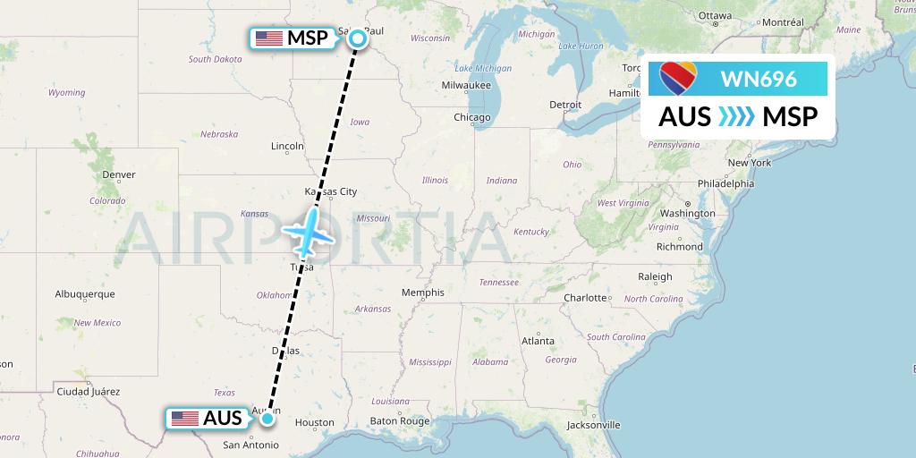 WN696 Southwest Airlines Flight Map: Austin to Minneapolis