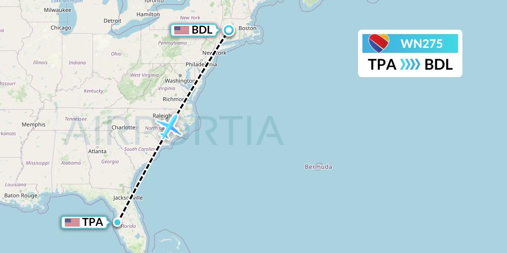 WN275 Southwest Airlines Flight Map: Tampa to Windsor Locks