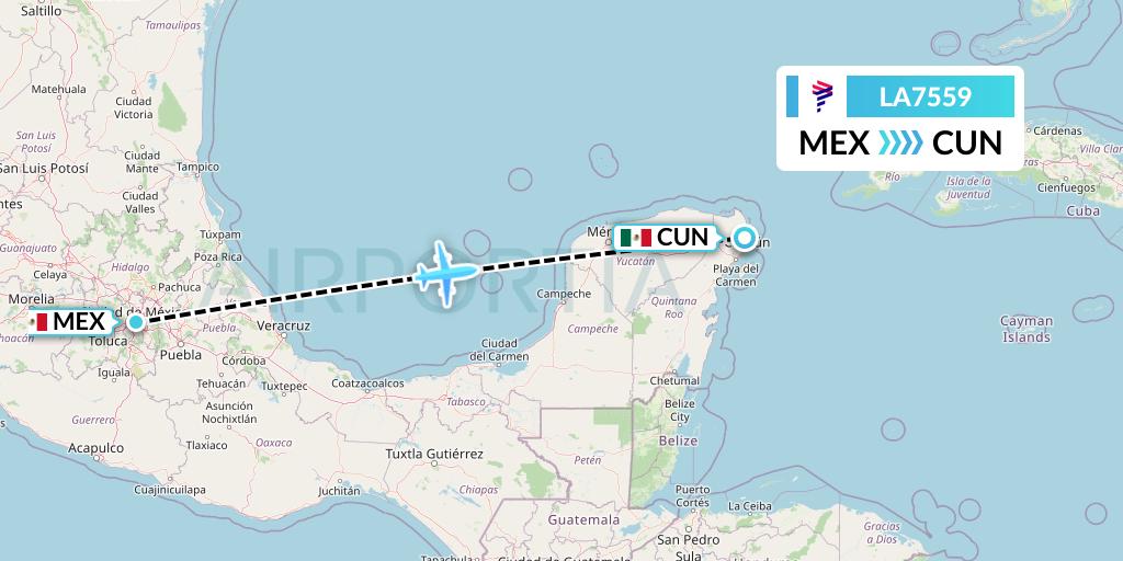 LA7559 LAN Airlines Flight Map: Mexico City to Cancun