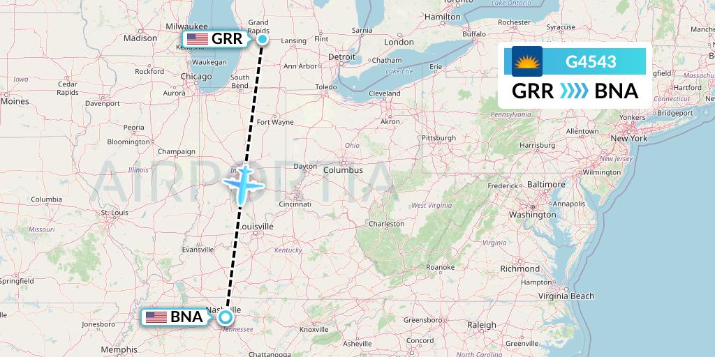 G4543 Allegiant Air Flight Map: Grand Rapids to Nashville
