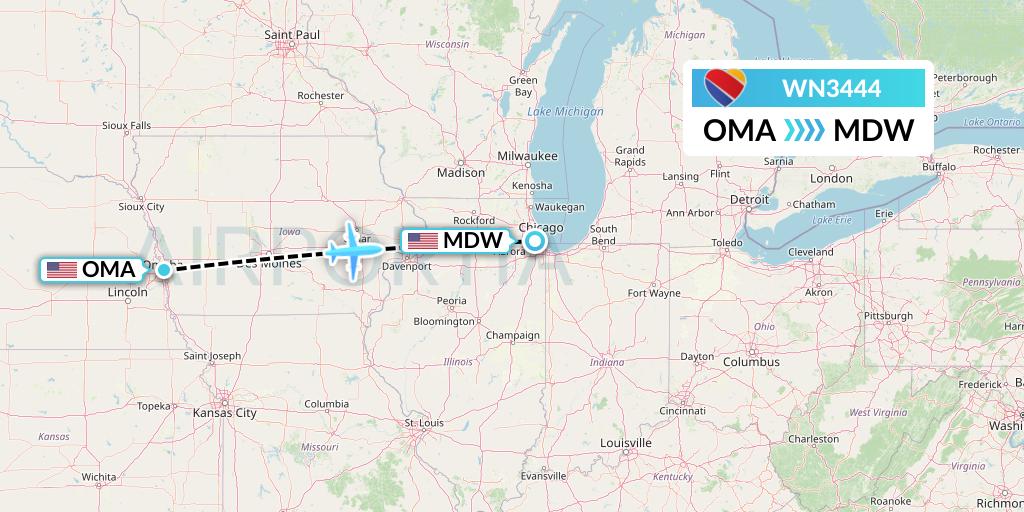 WN3444 Southwest Airlines Flight Map: Omaha to Chicago