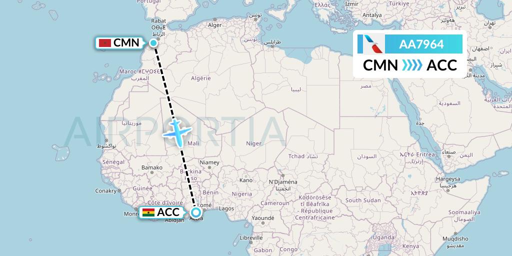 AA7964 American Airlines Flight Map: Casablanca to Accra