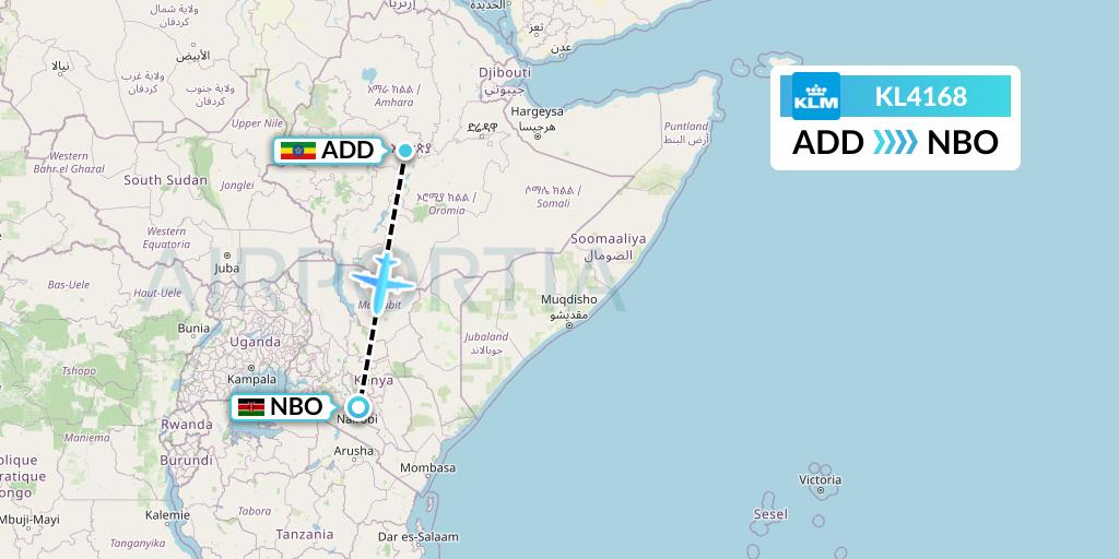 KL4168 KLM Flight Map: Addis Ababa to Nairobi