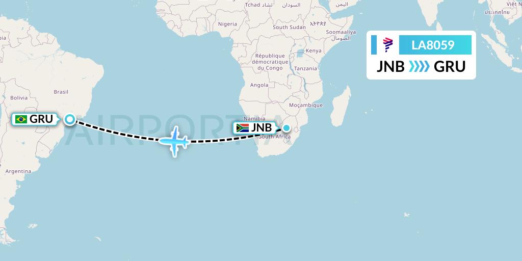 LA8059 LAN Airlines Flight Map: Johannesburg to Sao Paulo