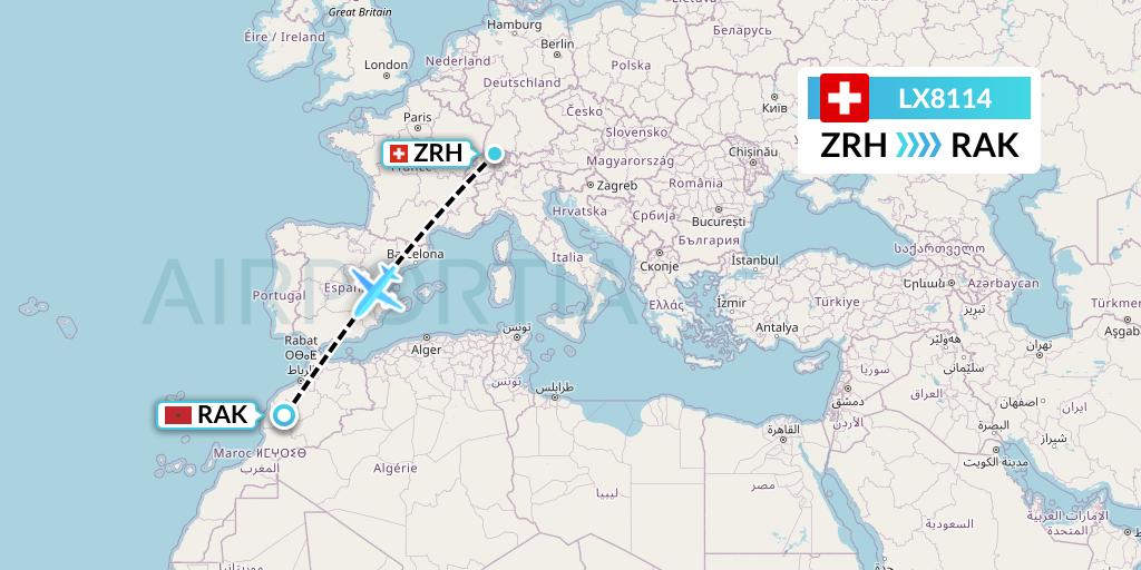 LX8114 Swiss Flight Map: Zurich to Marrakesh 