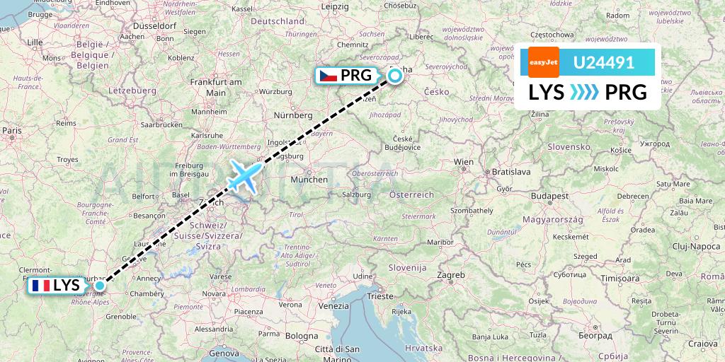 U24491 EasyJet Flight Map: Lyon to Prague