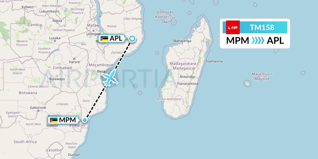 TM158 LAM Mozambique Airlines Flight Map: Maputo to Nampula