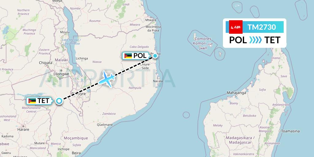 TM2730 LAM Mozambique Airlines Flight Map: Pemba to Tete