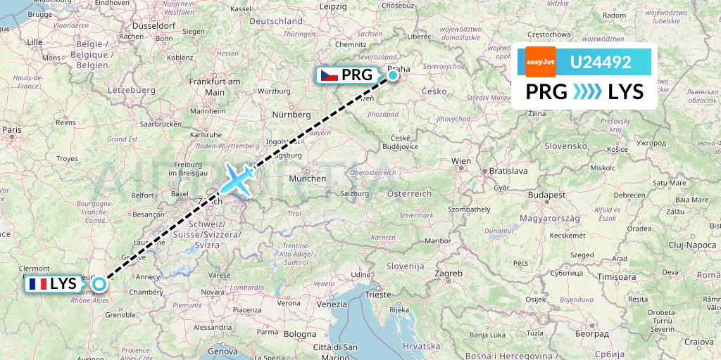 U24492 EasyJet Flight Map: Prague to Lyon