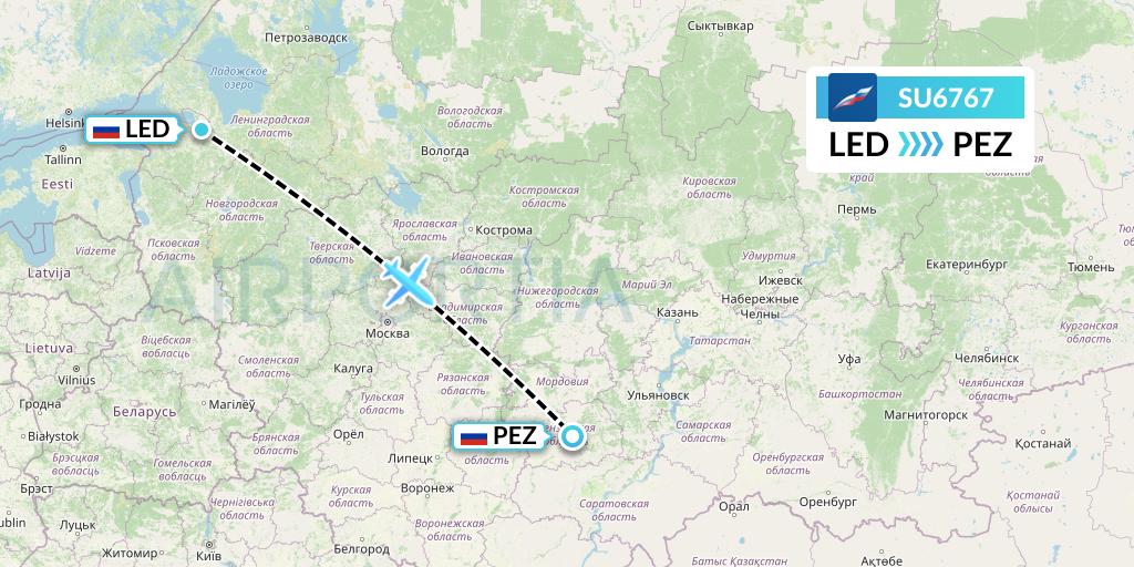 SU6767 Aeroflot Flight Map: St. Petersburg to Penza