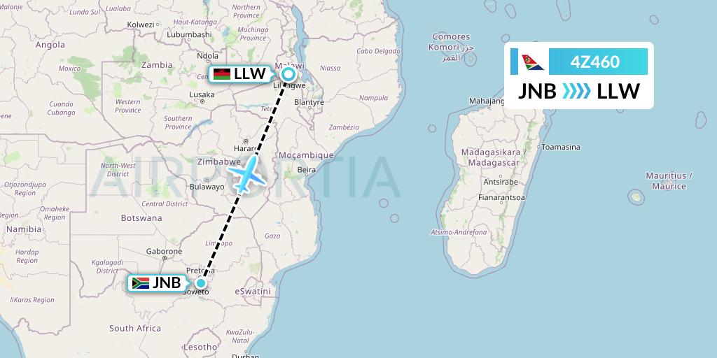 4Z460 Airlink Flight Map: Johannesburg to Lilongwe