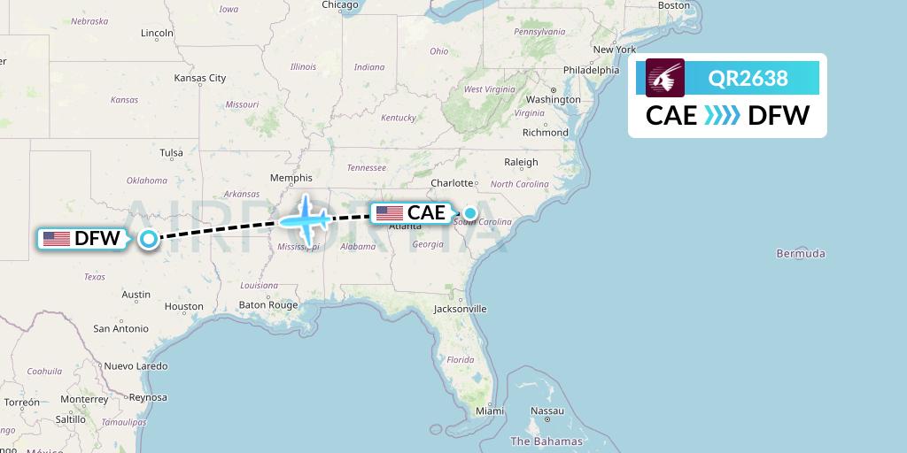 QR2638 Qatar Airways Flight Map: Columbia to Dallas