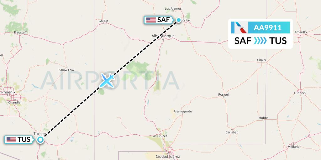 AA9911 American Airlines Flight Map: Santa Fe to Tucson