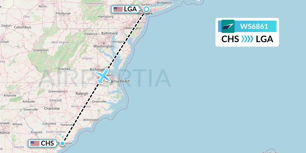 WS6861 WestJet Flight Map: Charleston to New York