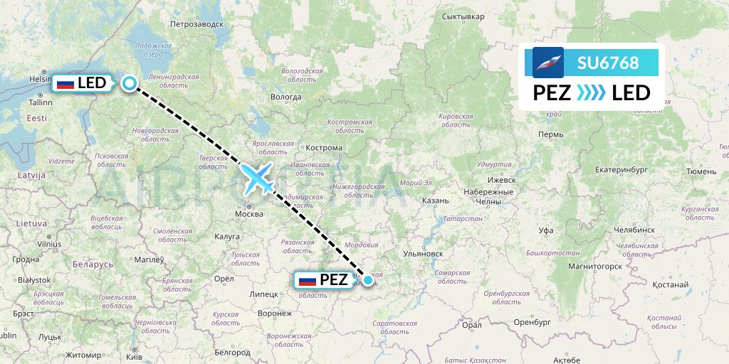 SU6768 Aeroflot Flight Map: Penza to St. Petersburg