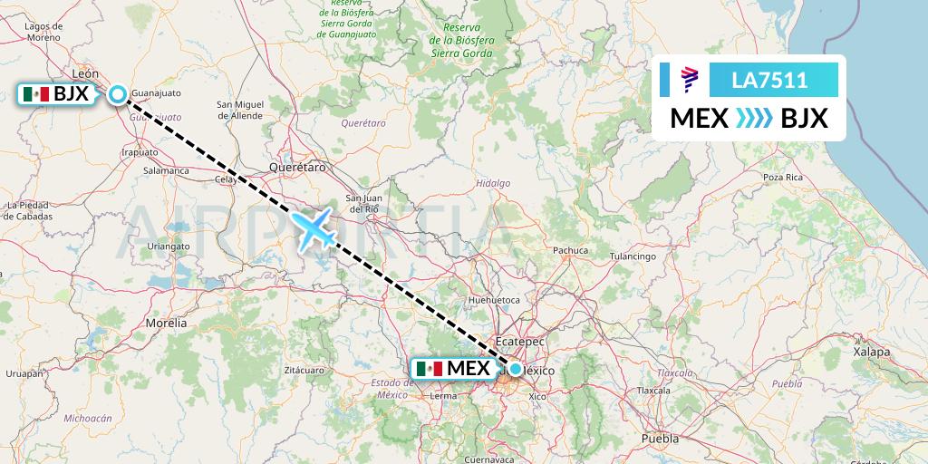 LA7511 LAN Airlines Flight Map: Mexico City to Silao