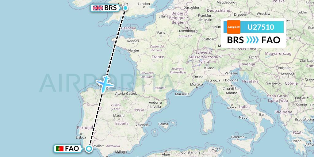 U27510 EasyJet Flight Map: Bristol to Faro