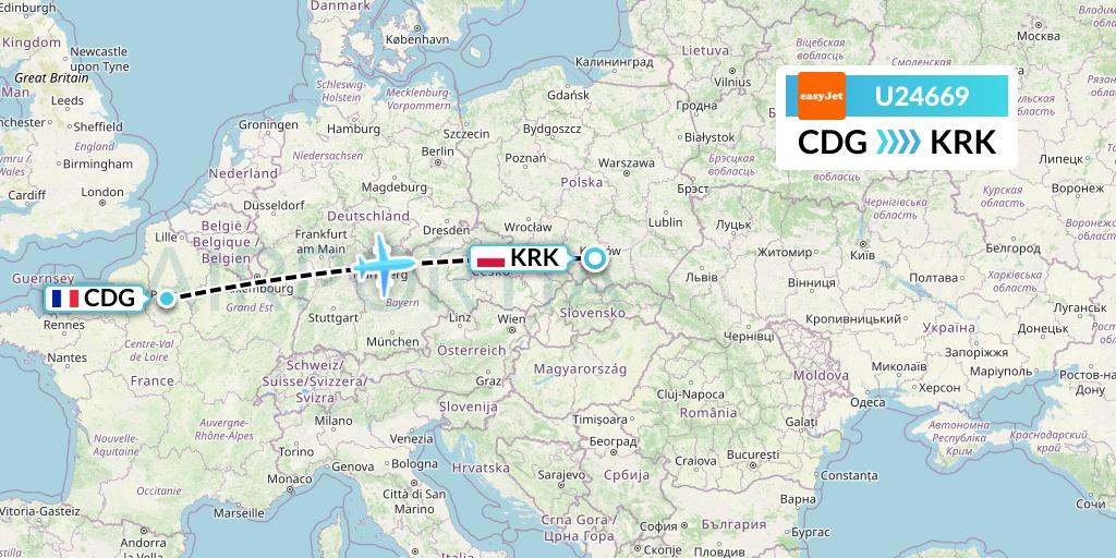 U24669 EasyJet Flight Map: Paris to Krakow