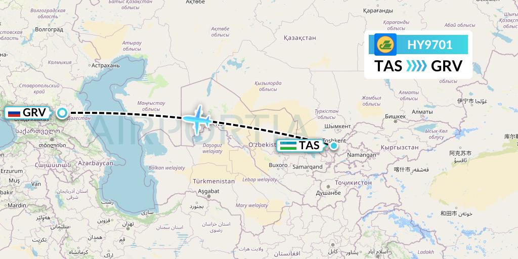 HY9701 Uzbekistan Airways Flight Map: Tashkent to Grozny