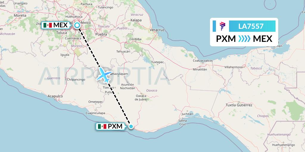 LA7557 LAN Airlines Flight Map: Puerto Escondido to Mexico City