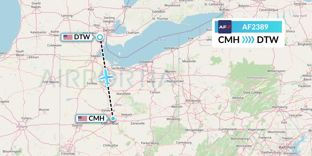 AF2389 Air France Flight Map: Columbus to Detroit