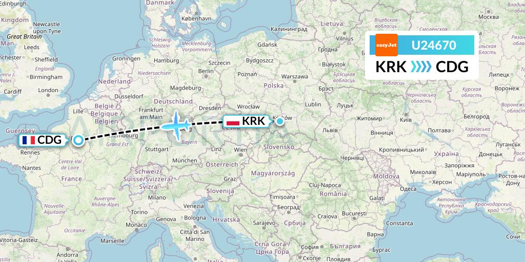 U24670 EasyJet Flight Map: Krakow to Paris