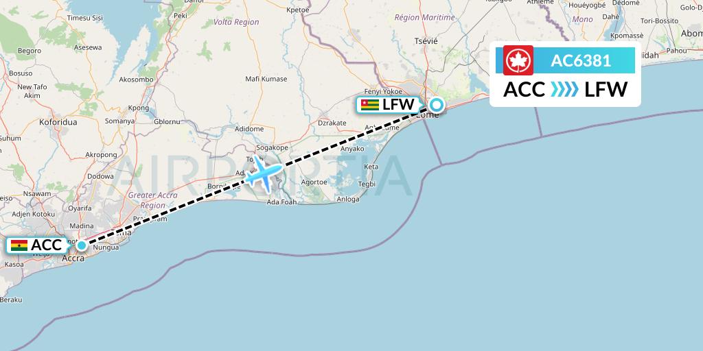 AC6381 Air Canada Flight Map: Accra to Lome