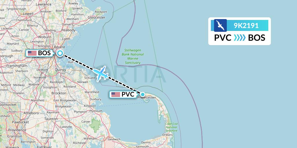9K2191 Cape Air Flight Map: Provincetown to Boston