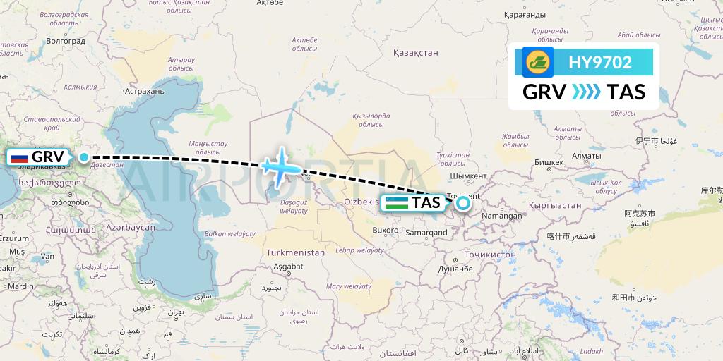 HY9702 Uzbekistan Airways Flight Map: Grozny to Tashkent